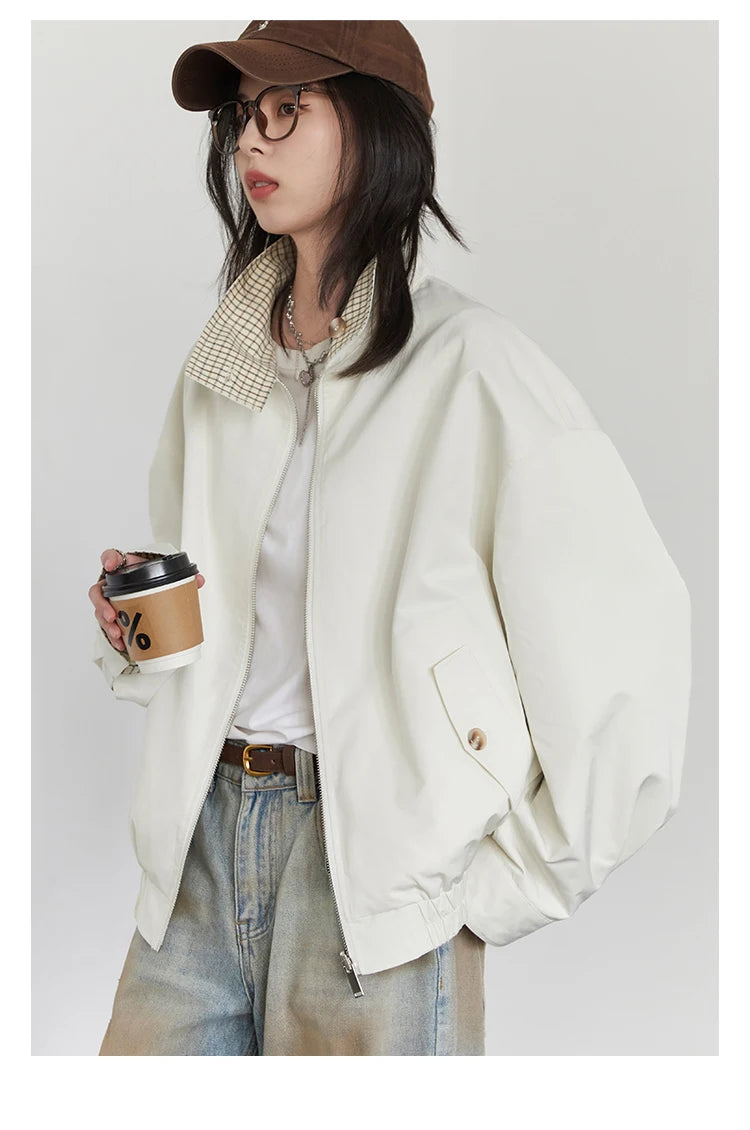 Reversible Plaid &amp; Solid Stand Collar Jacket