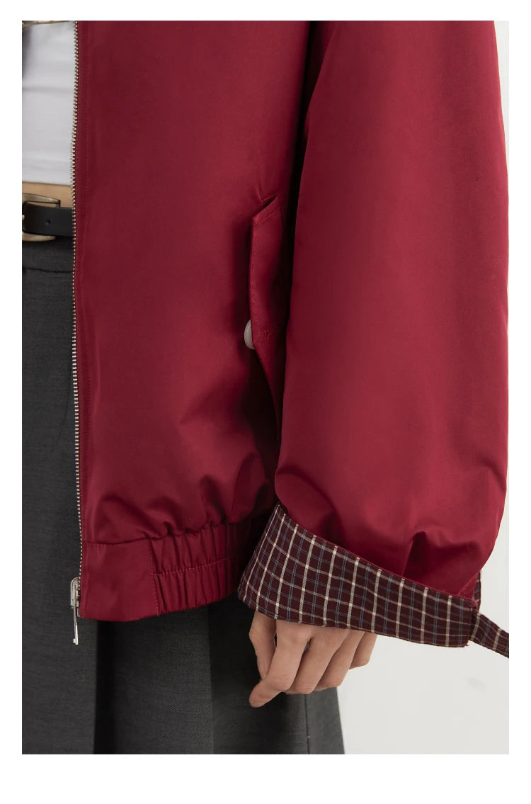 Reversible Plaid &amp; Solid Stand Collar Jacket