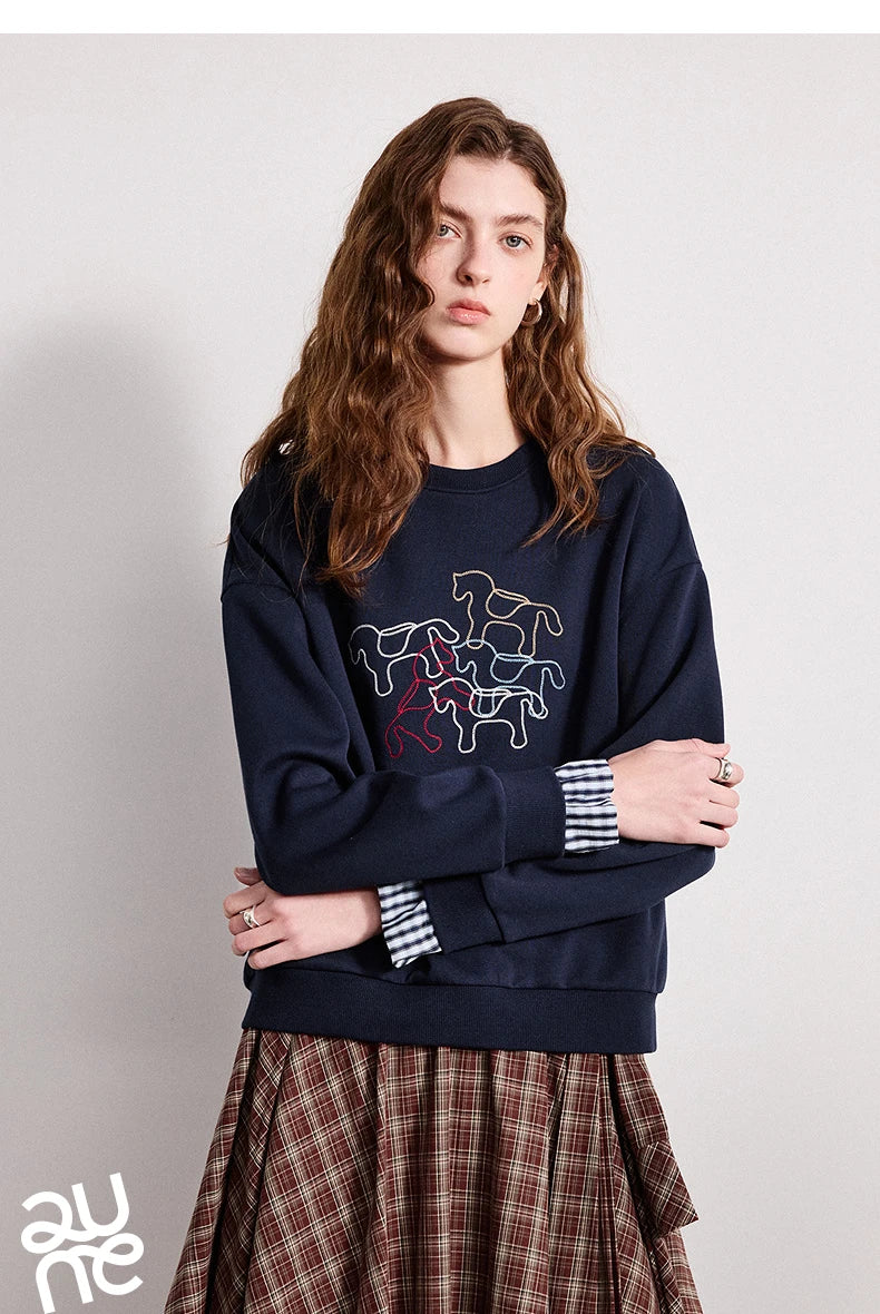 Crewneck Embroidered Patchwork Sweatshirt