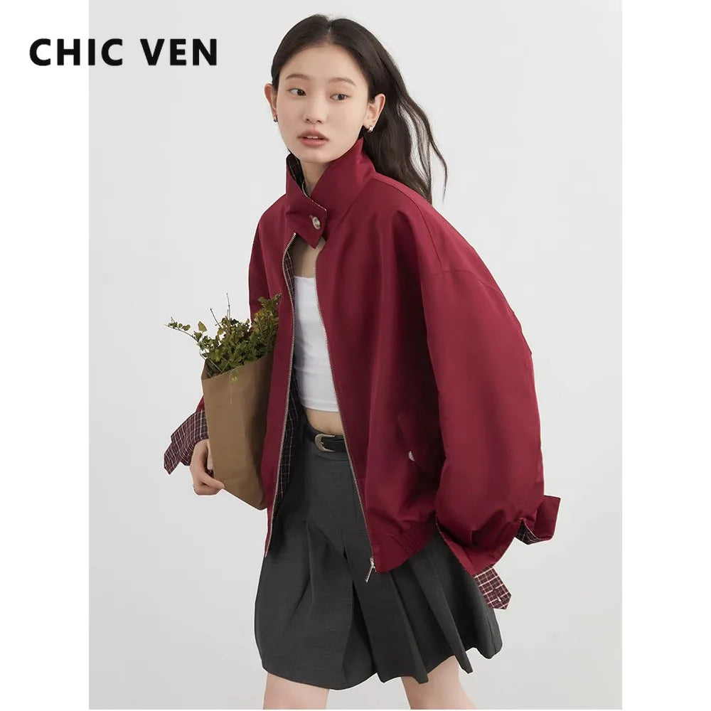 Reversible Plaid &amp; Solid Stand Collar Jacket