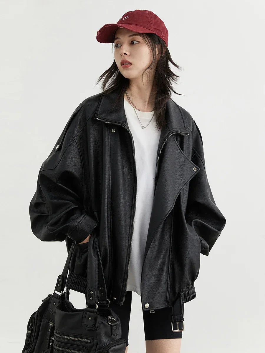Oversized Retro PU Leather Jacket