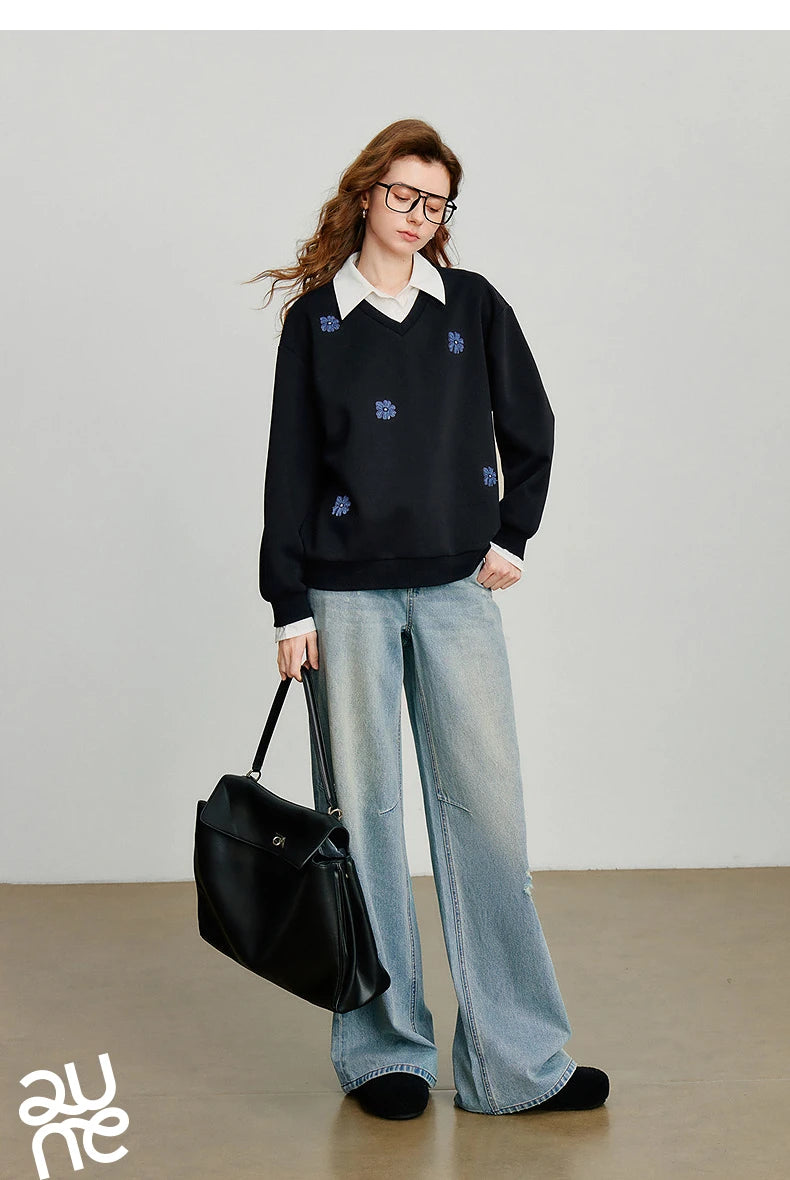 Layered Collared Embroidered Sweatshirt