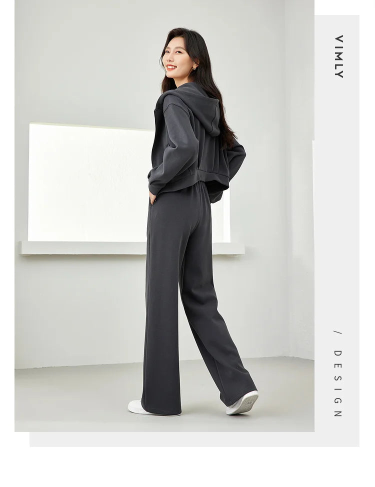 2-Piece Hooded Zip Jacket &amp; Wide-Leg Pants Matching Set