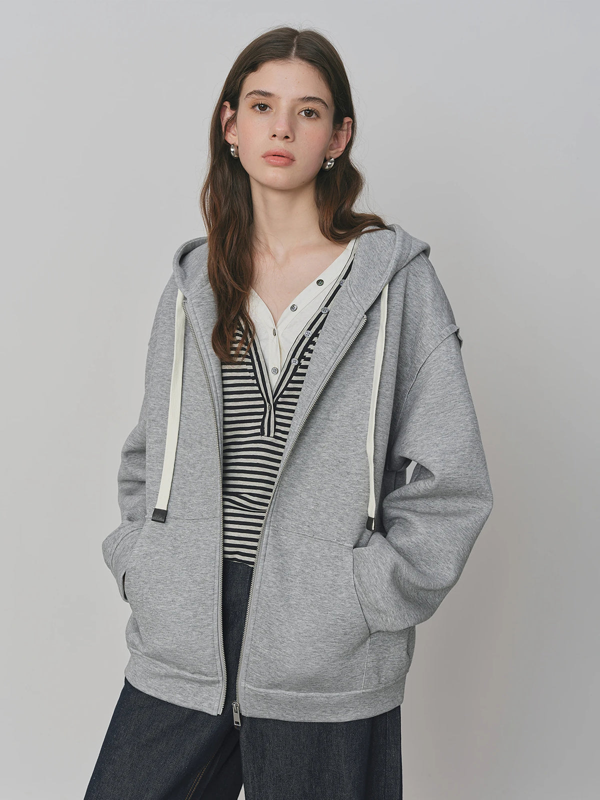 Drop Shoulder Zip-Up Hoodie