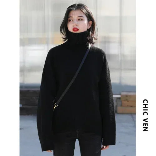 Oversized High-Neck Knit Sweater