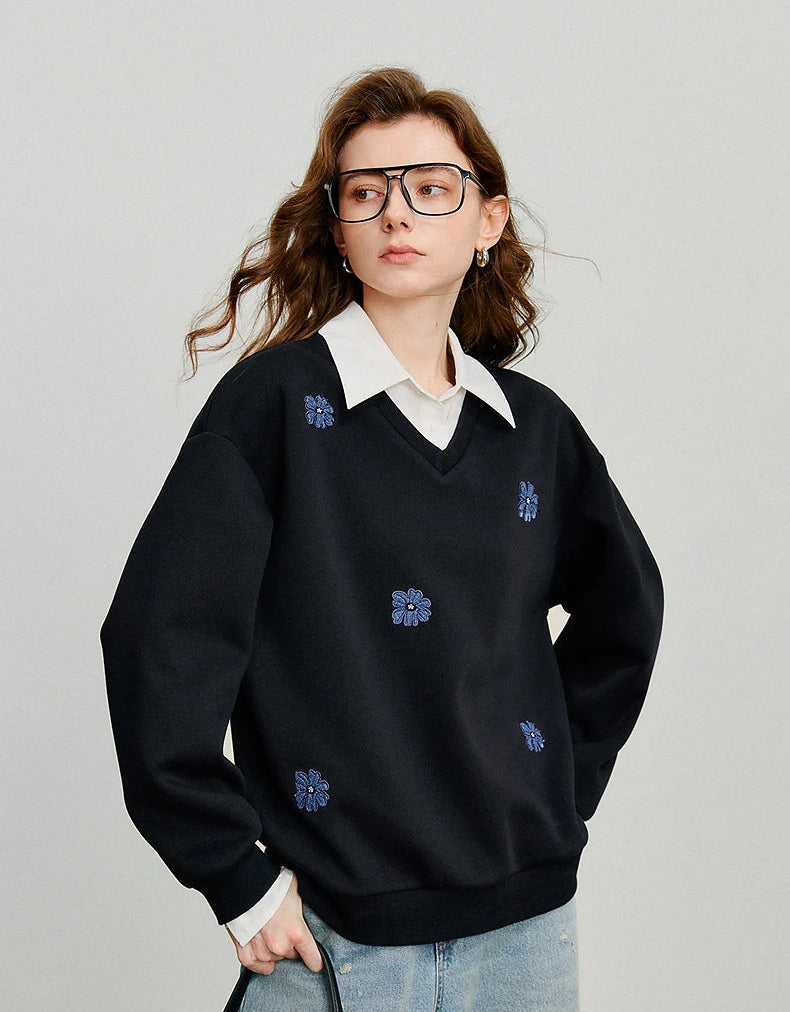 Layered Collared Embroidered Sweatshirt