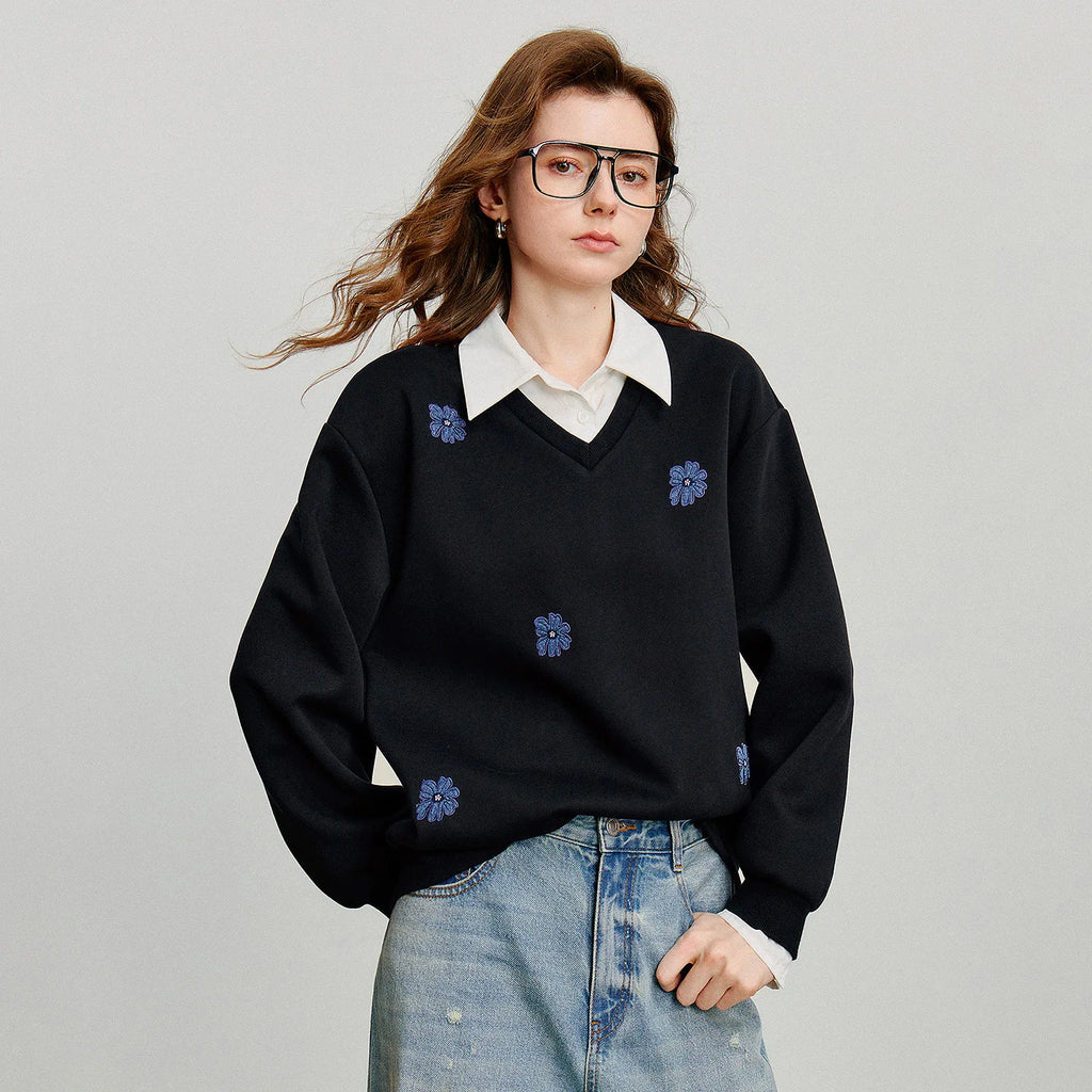 Layered Collared Embroidered Sweatshirt