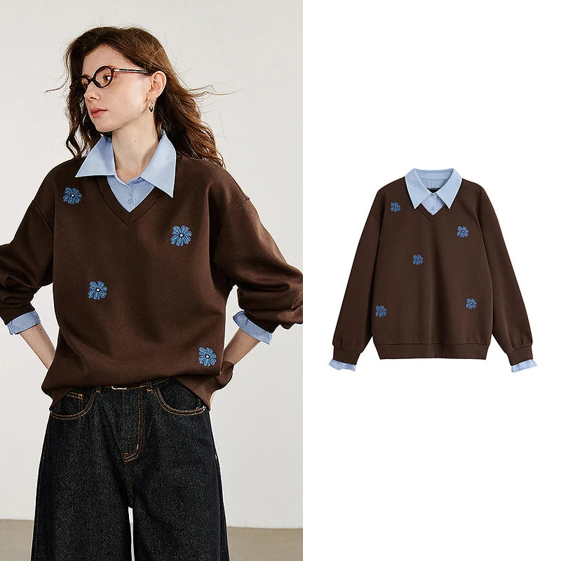 Layered Collared Embroidered Sweatshirt