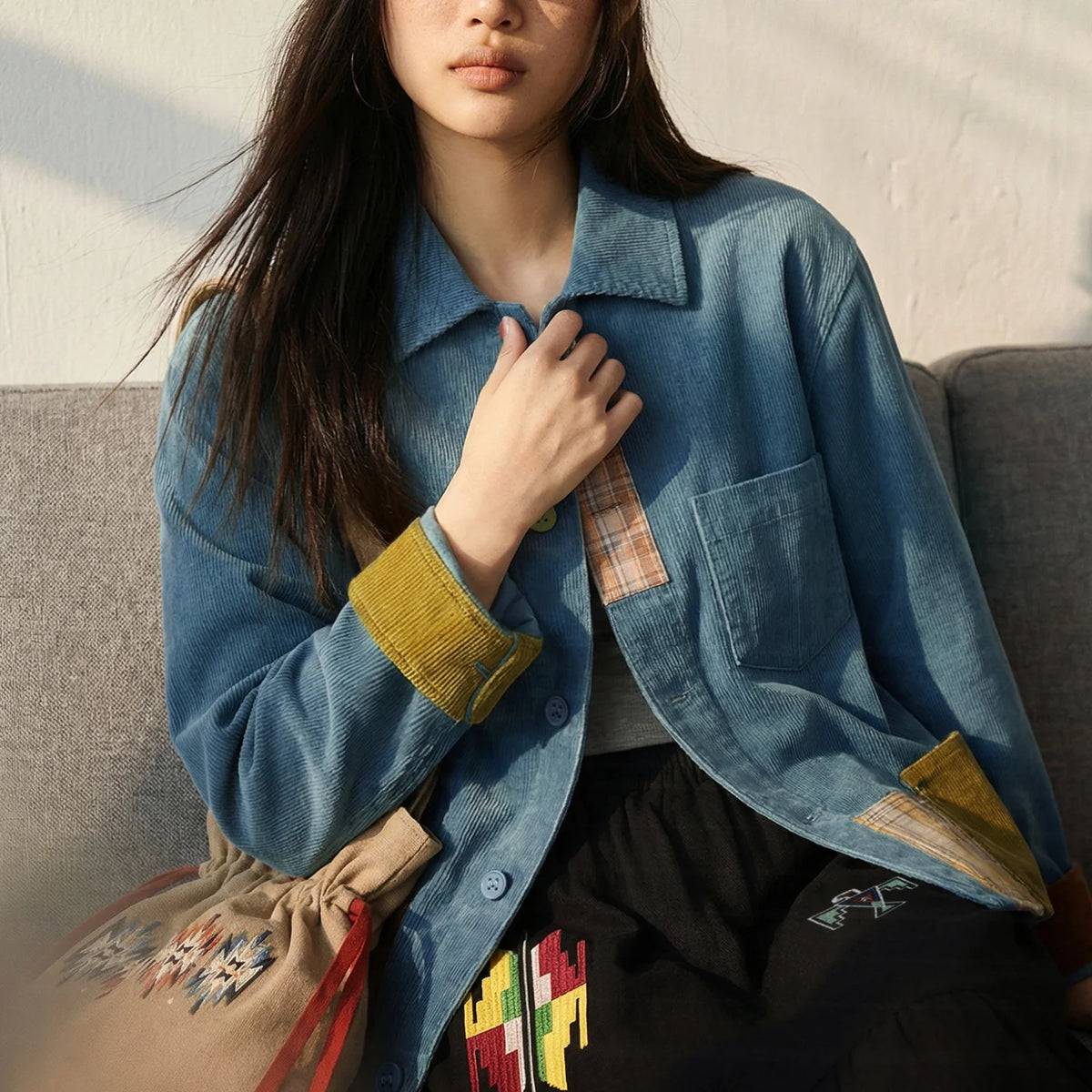 Contrast-Panel Corduroy Shirt Jacket