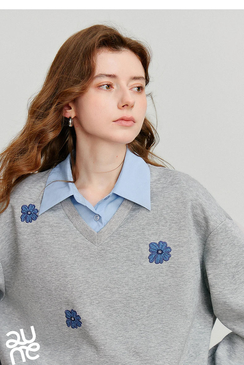 Layered Collared Embroidered Sweatshirt