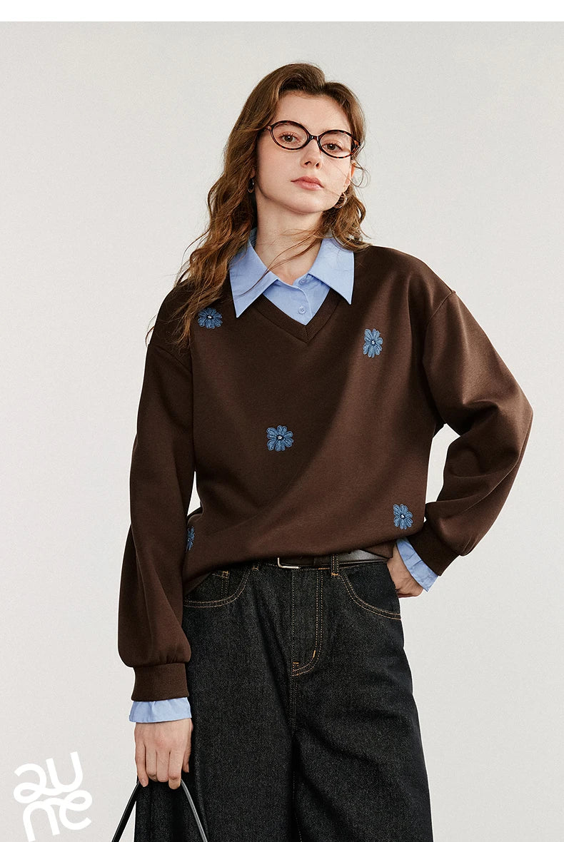 Layered Collared Embroidered Sweatshirt