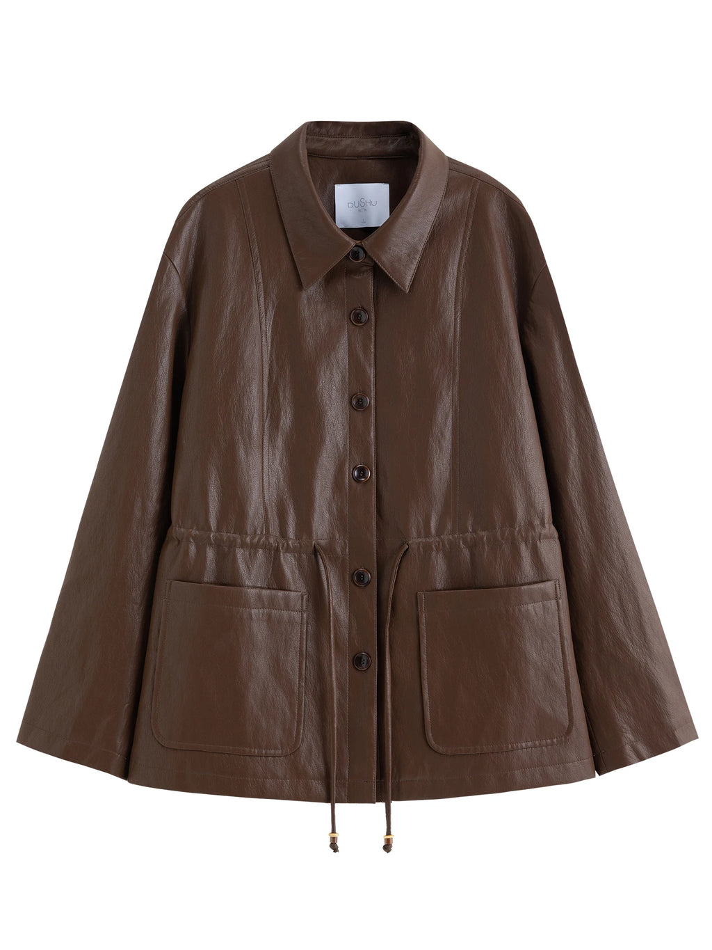Drawstring Waist Oversized PU Leather Jacket