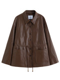 Drawstring Waist Oversized PU Leather Jacket