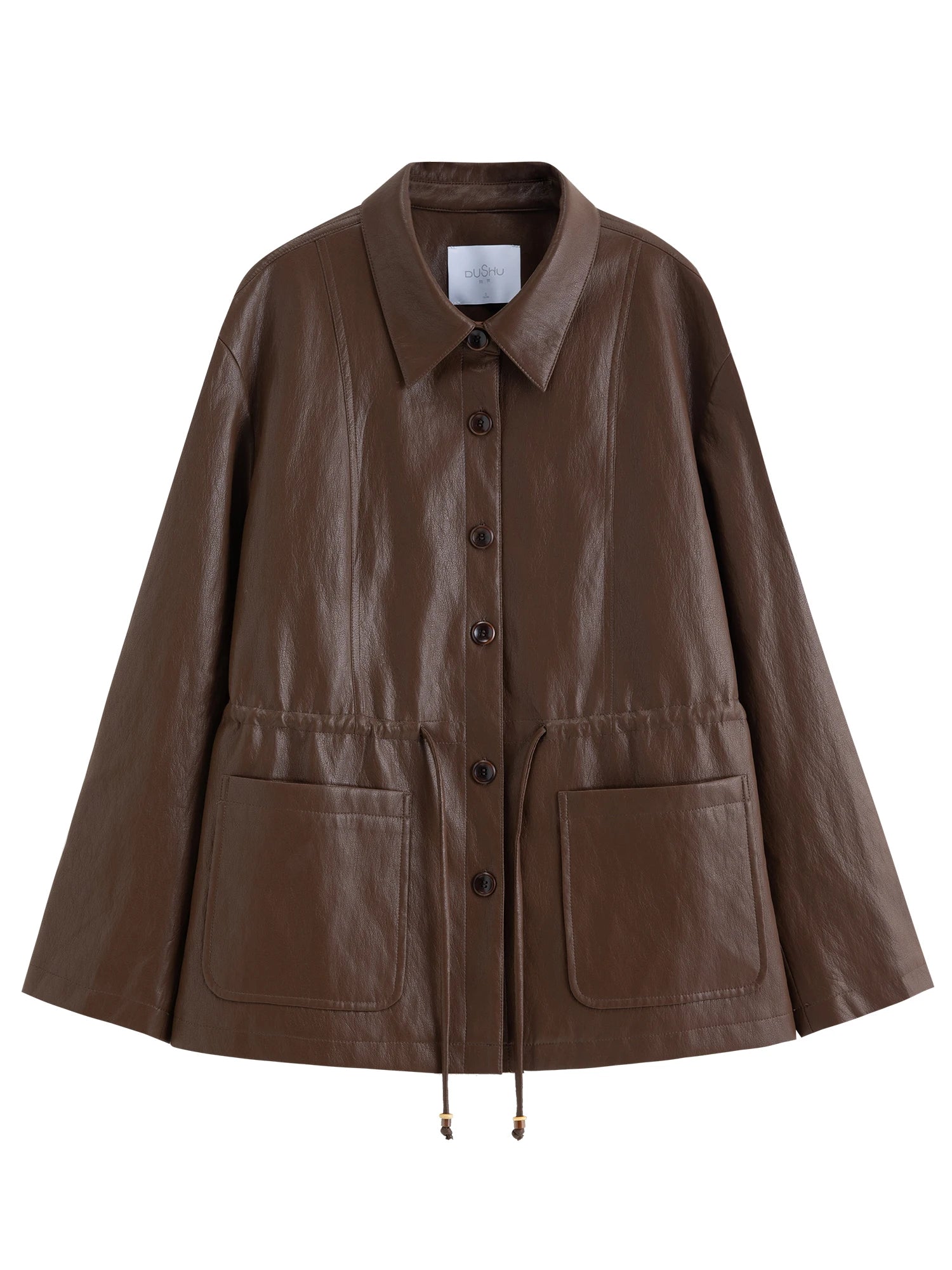 Drawstring Waist Oversized PU Leather Jacket