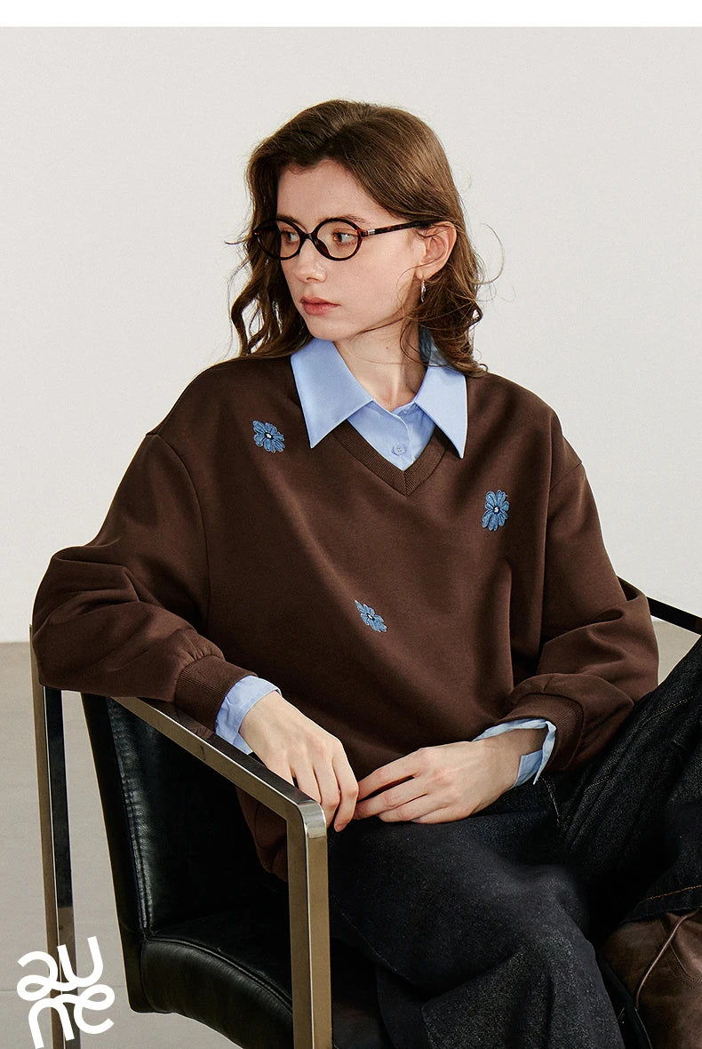 Layered Collared Embroidered Sweatshirt