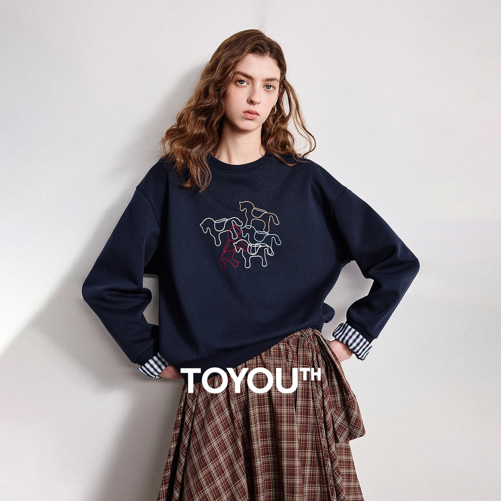 Crewneck Embroidered Patchwork Sweatshirt