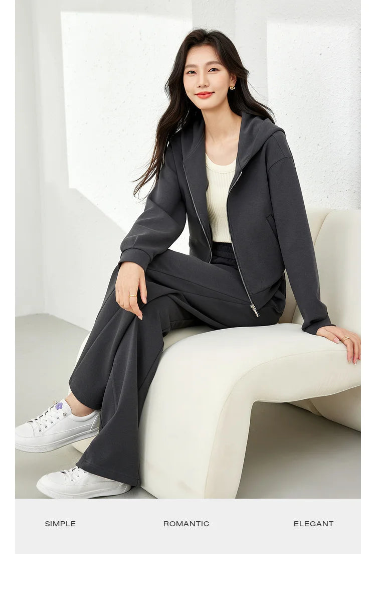 2-Piece Hooded Zip Jacket &amp; Wide-Leg Pants Matching Set