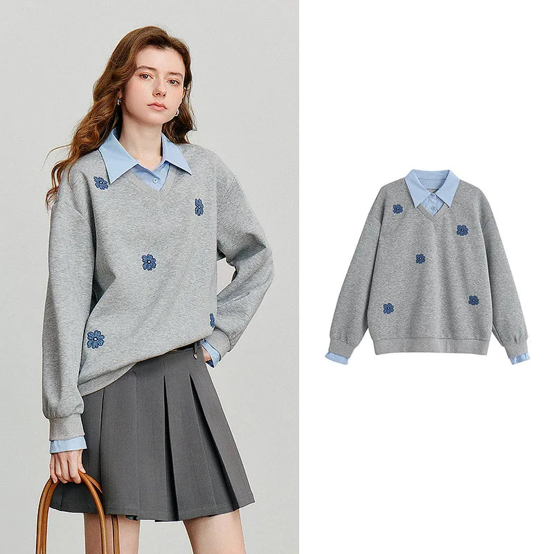 Layered Collared Embroidered Sweatshirt