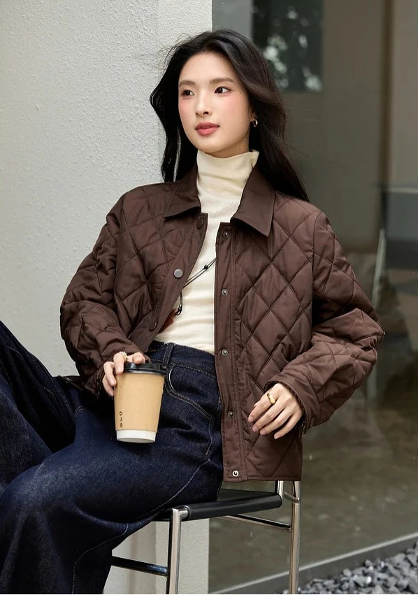 Plaid Spliced Cuff Quilted Parka