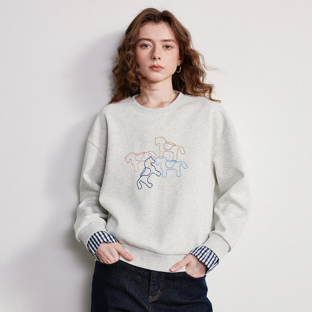 Crewneck Embroidered Patchwork Sweatshirt