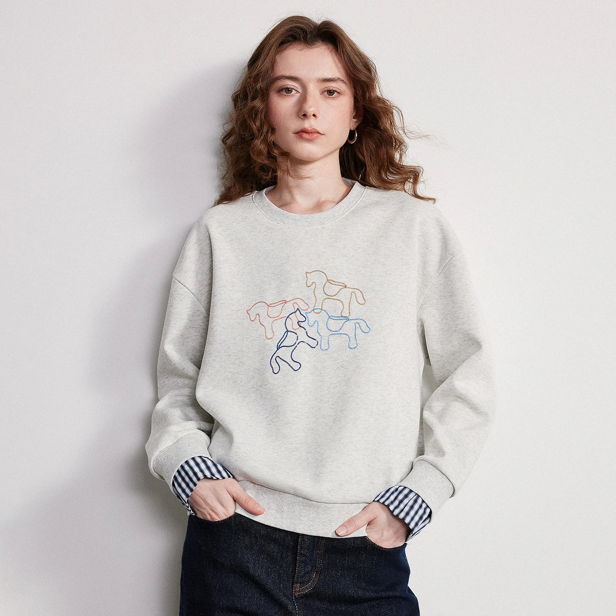 Crewneck Embroidered Patchwork Sweatshirt
