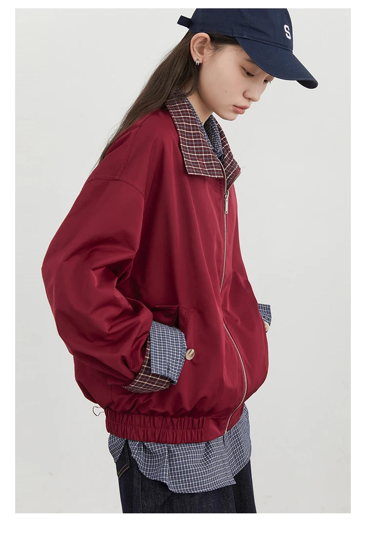 Reversible Plaid &amp; Solid Stand Collar Jacket