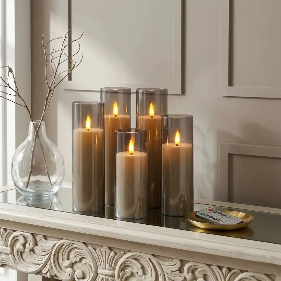 Gray-Brown LED Candle Set of 5 with Remote Control