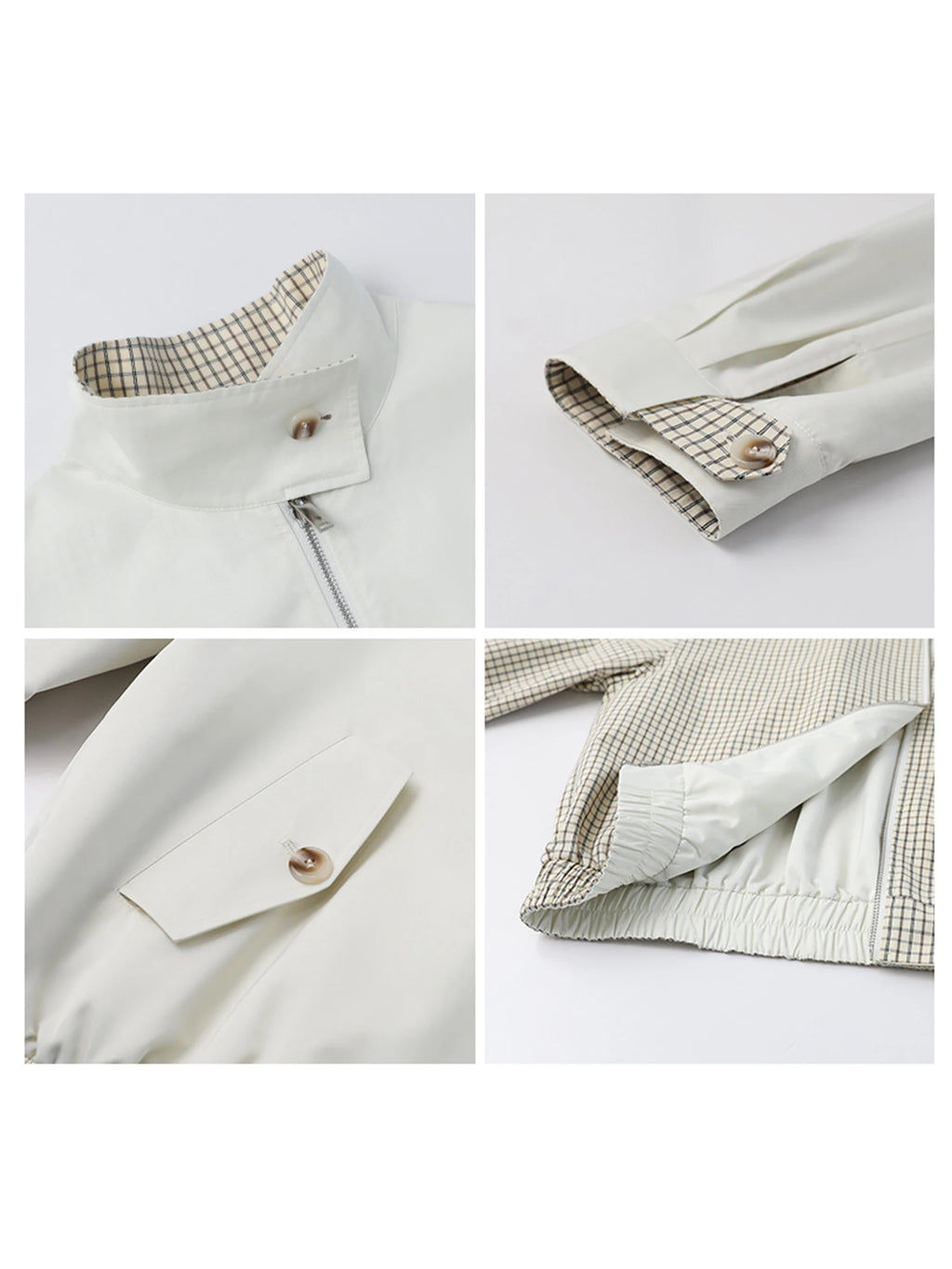 Reversible Plaid &amp; Solid Stand Collar Jacket