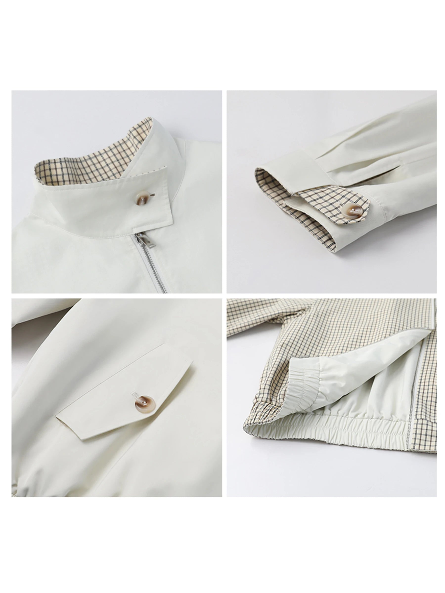 Reversible Plaid &amp; Solid Stand Collar Jacket