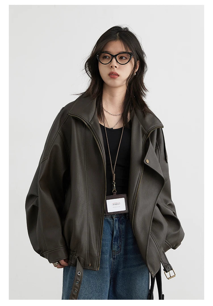 Oversized Retro PU Leather Jacket