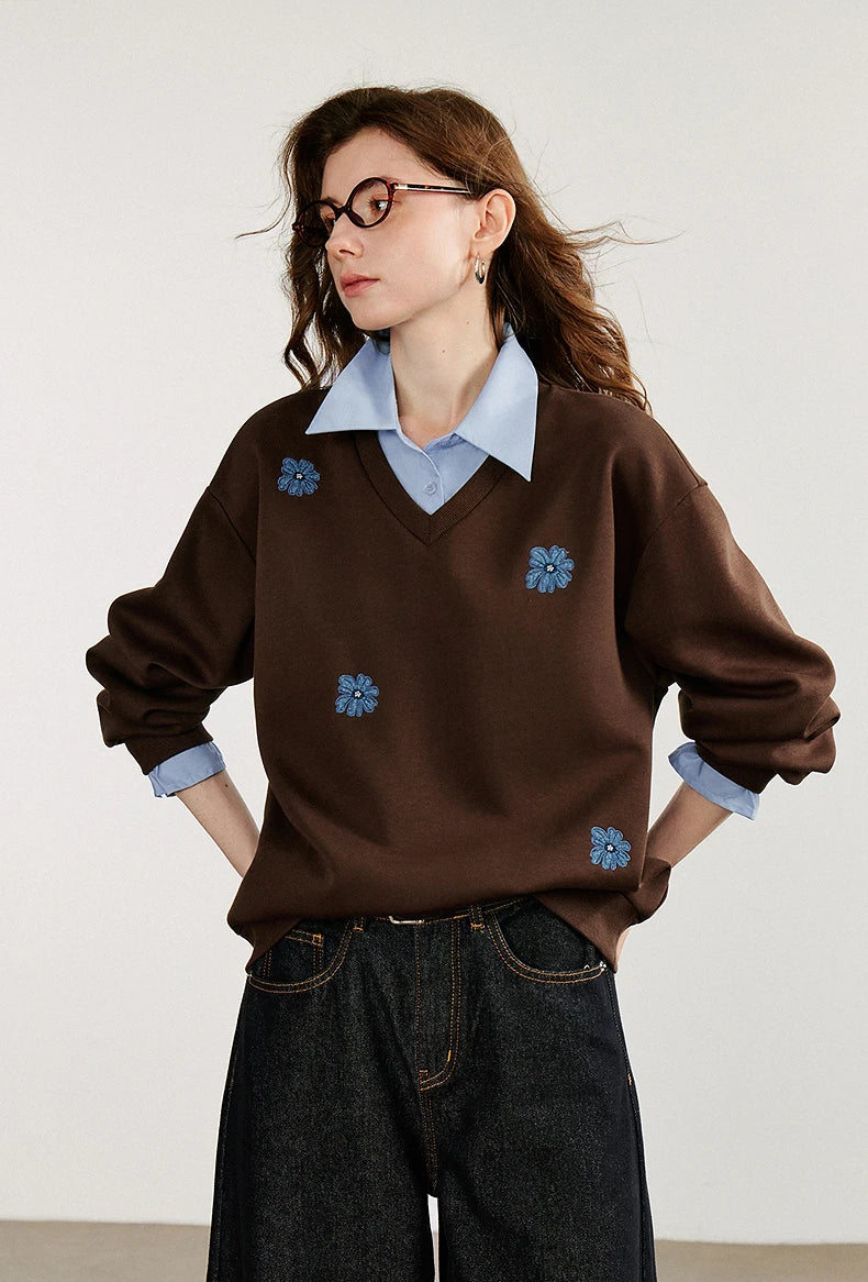 Layered Collared Embroidered Sweatshirt