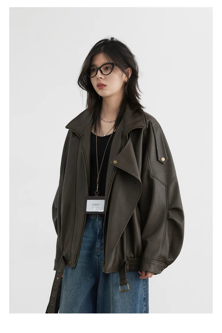 Oversized Retro PU Leather Jacket