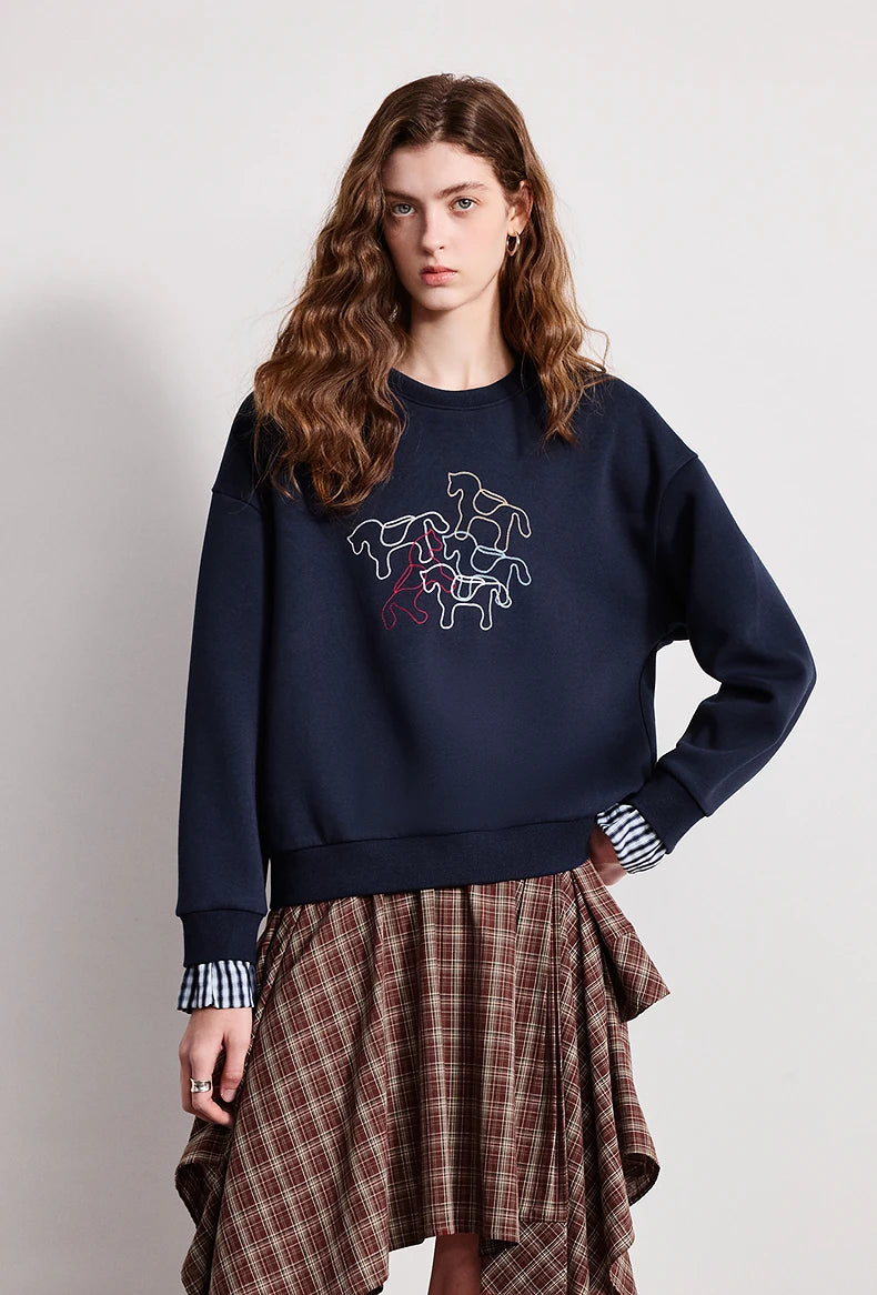 Crewneck Embroidered Patchwork Sweatshirt