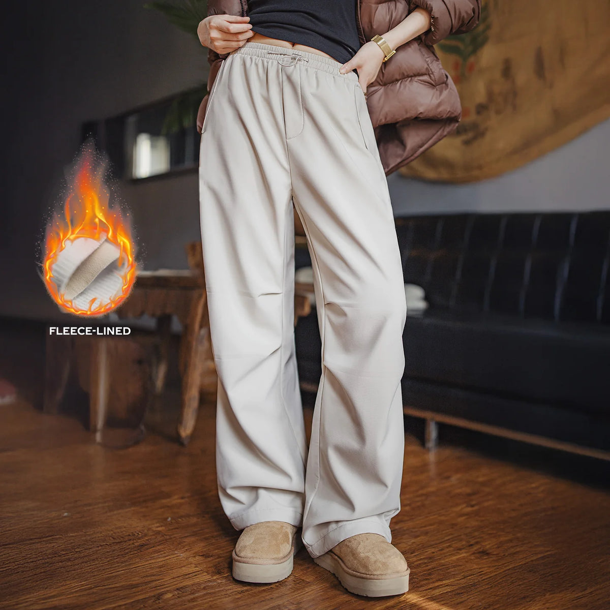 Fleece-Lined Wide-Leg Cargo Pants