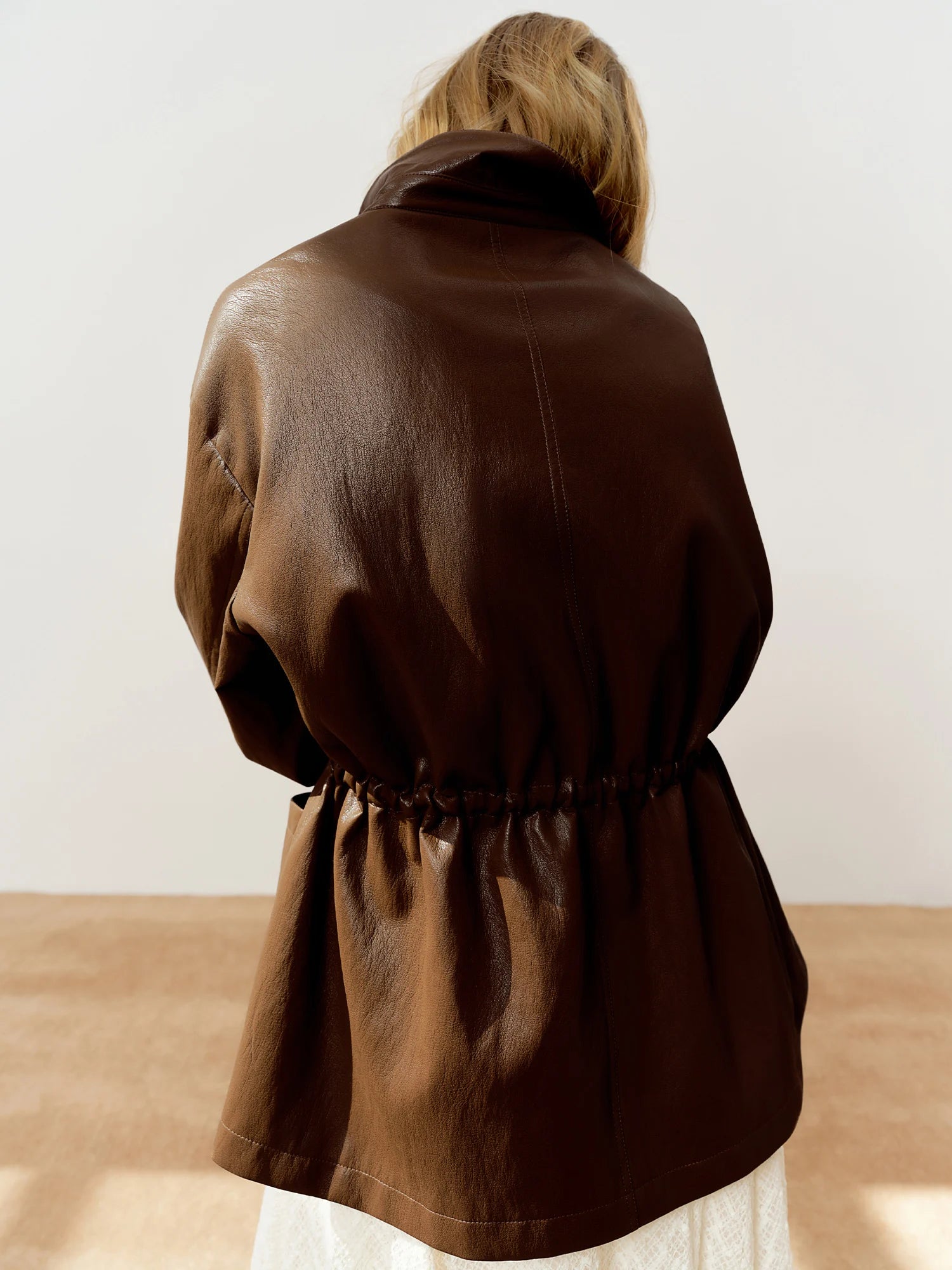 Drawstring Waist Oversized PU Leather Jacket