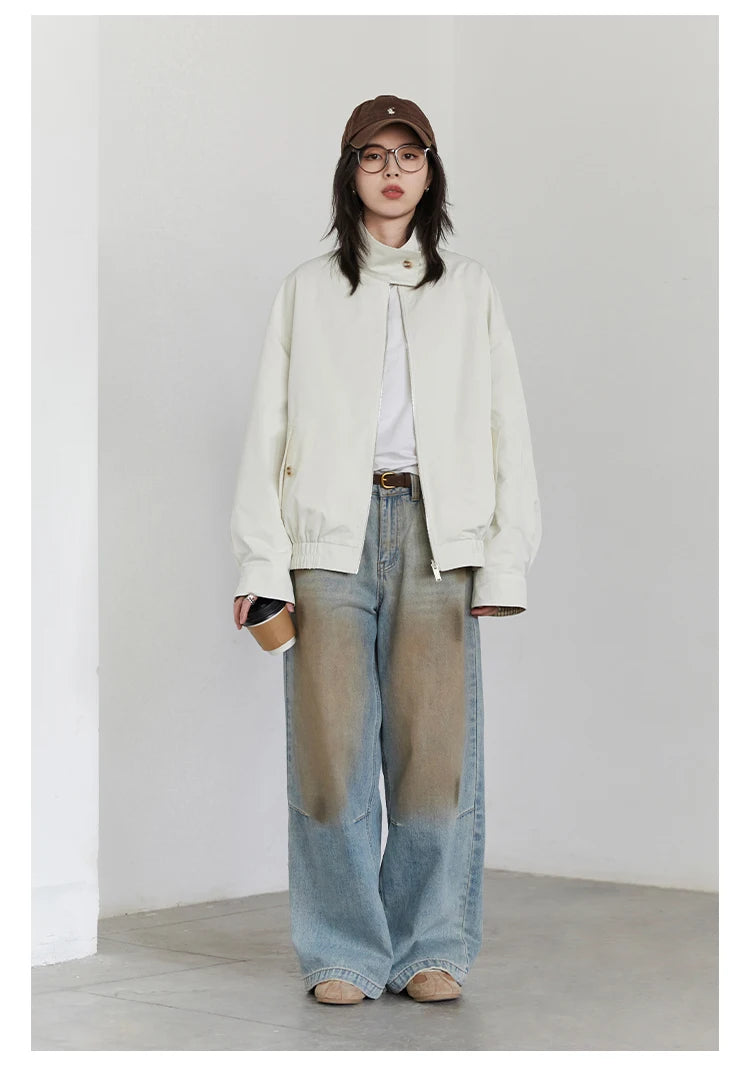Reversible Plaid &amp; Solid Stand Collar Jacket