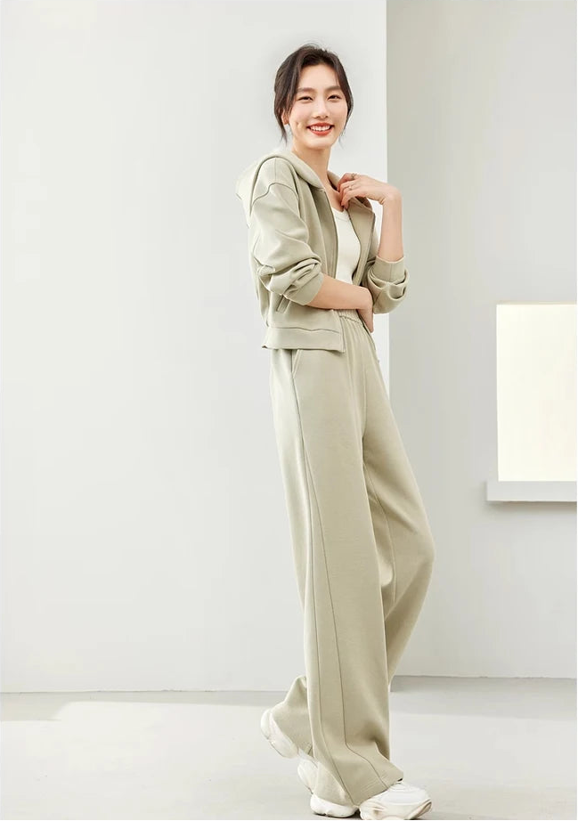 2-Piece Hooded Zip Jacket &amp; Wide-Leg Pants Matching Set