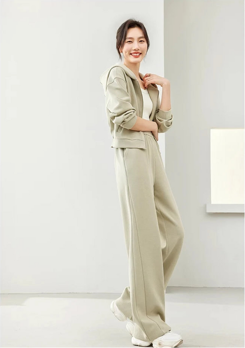 2-Piece Hooded Zip Jacket &amp; Wide-Leg Pants Matching Set