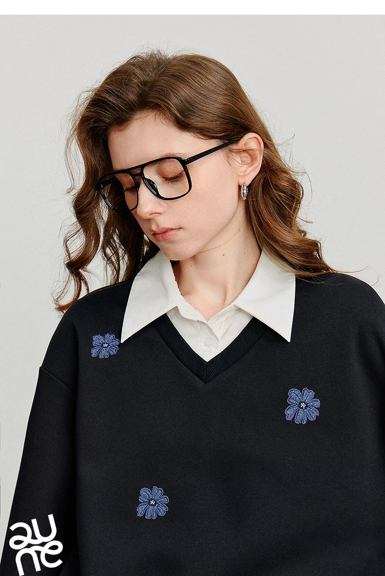 Layered Collared Embroidered Sweatshirt