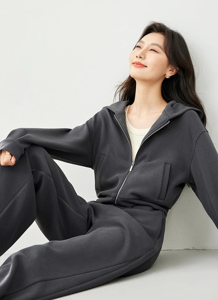 2-Piece Hooded Zip Jacket &amp; Wide-Leg Pants Matching Set