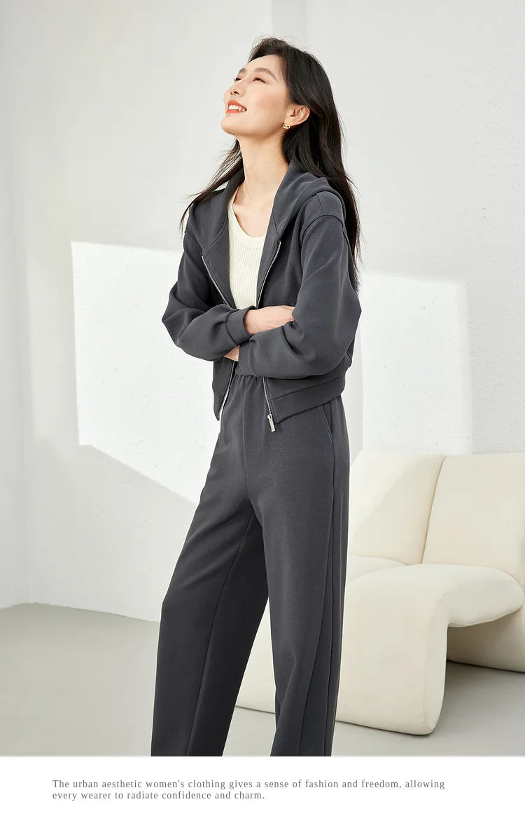 2-Piece Hooded Zip Jacket &amp; Wide-Leg Pants Matching Set