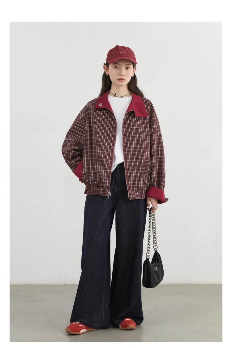 Reversible Plaid &amp; Solid Stand Collar Jacket