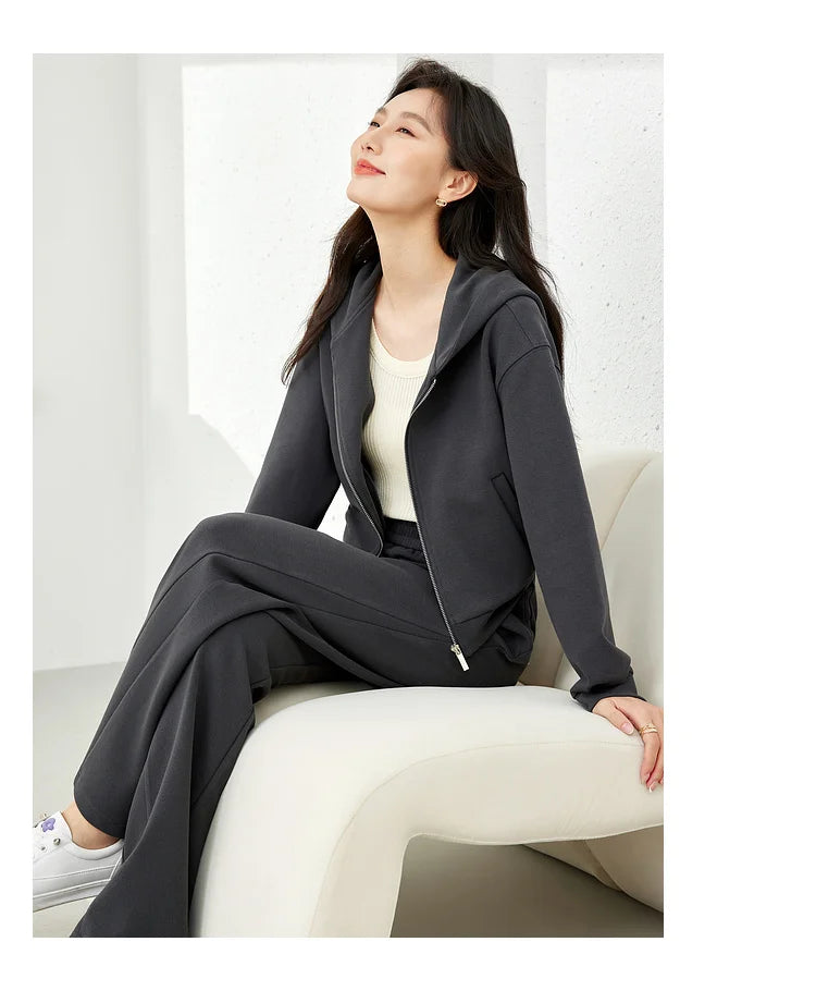 2-Piece Hooded Zip Jacket &amp; Wide-Leg Pants Matching Set
