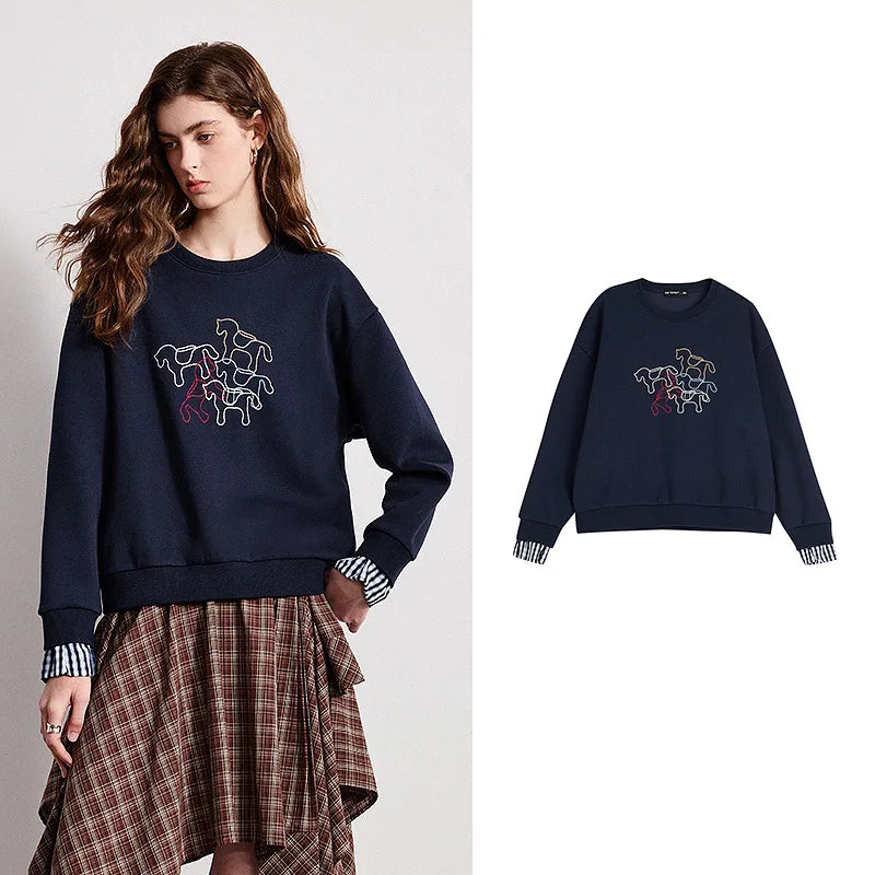Crewneck Embroidered Patchwork Sweatshirt