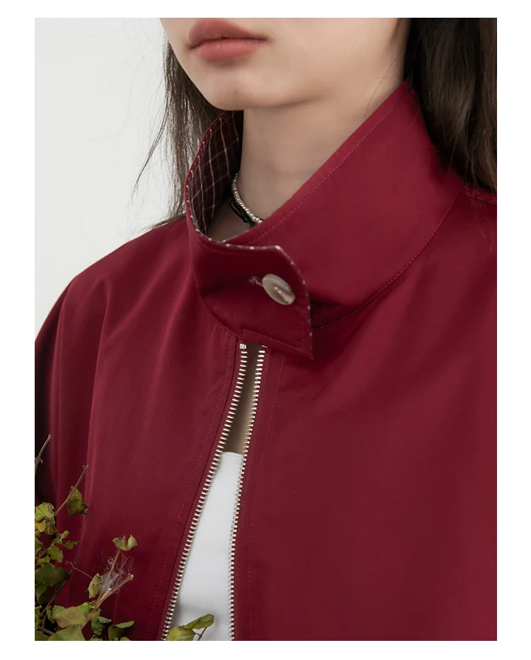 Reversible Plaid &amp; Solid Stand Collar Jacket