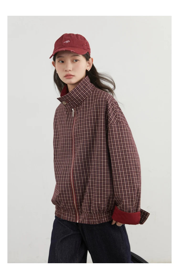Reversible Plaid &amp; Solid Stand Collar Jacket