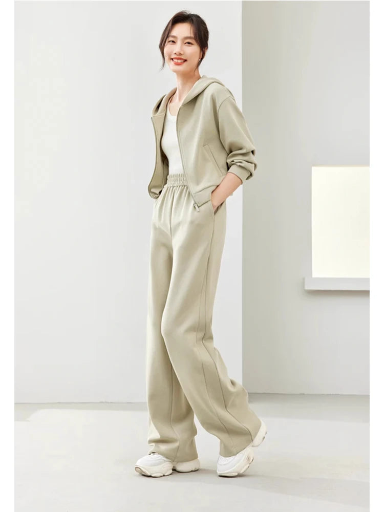 2-Piece Hooded Zip Jacket &amp; Wide-Leg Pants Matching Set