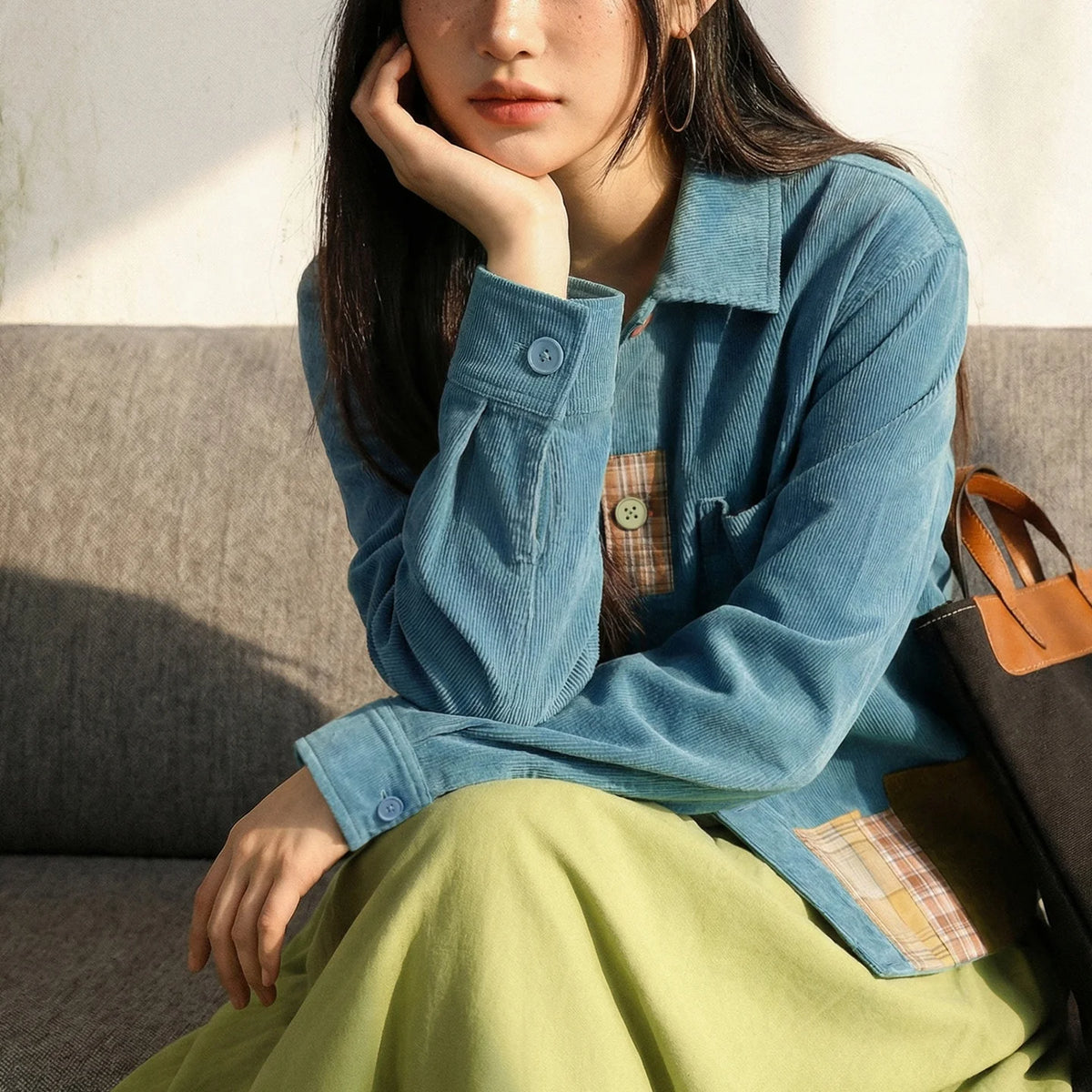 Contrast-Panel Corduroy Shirt Jacket