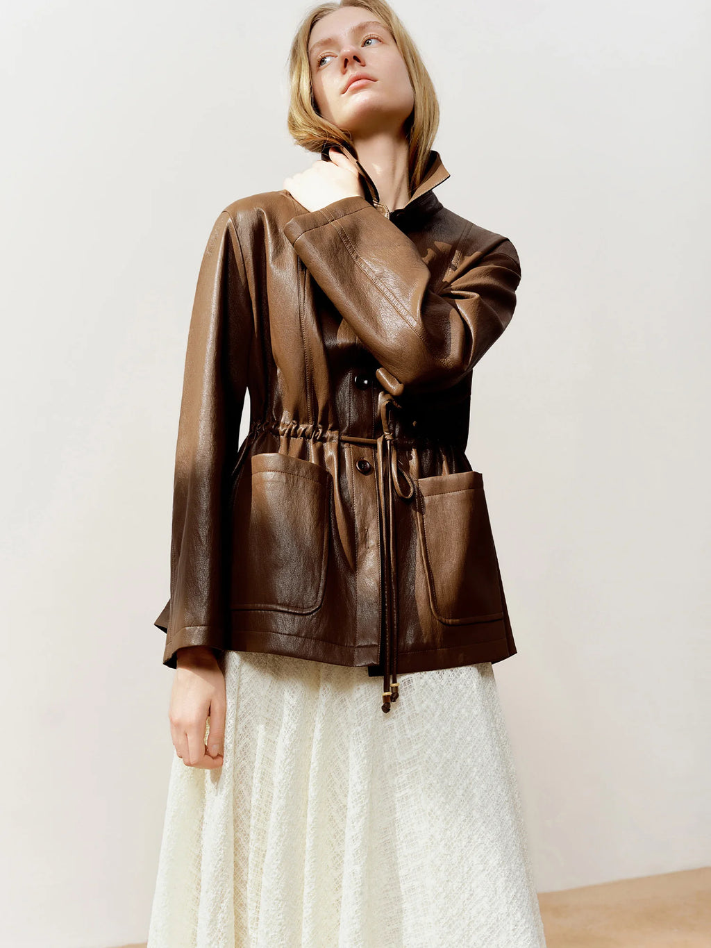 Drawstring Waist Oversized PU Leather Jacket