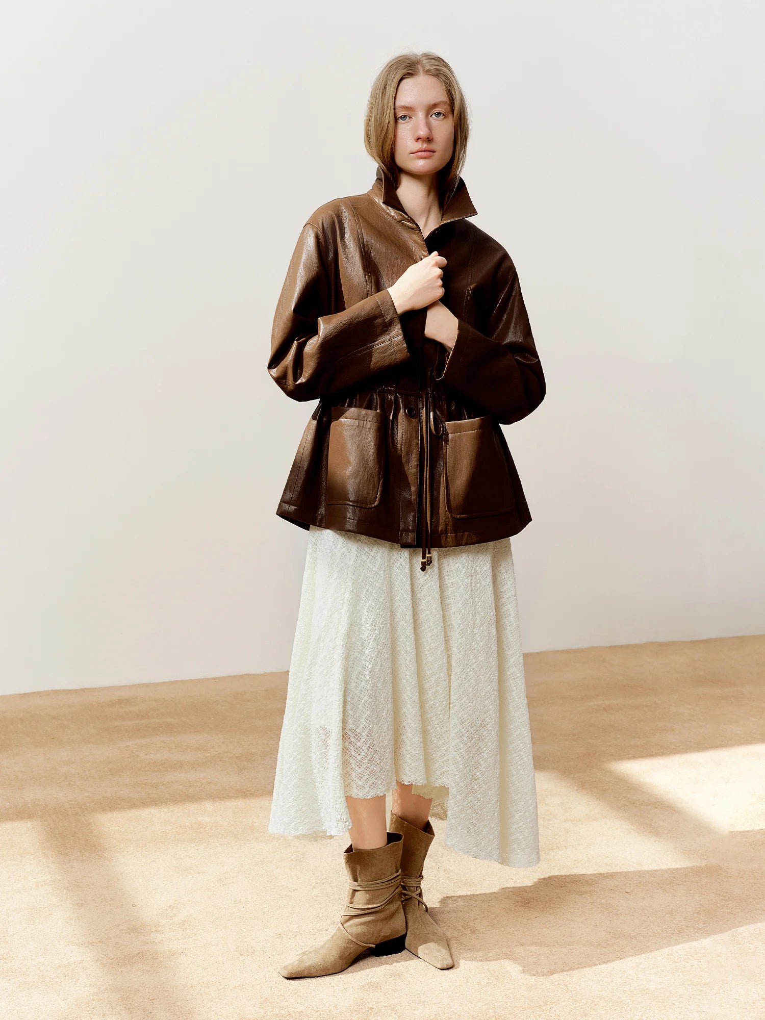 Drawstring Waist Oversized PU Leather Jacket